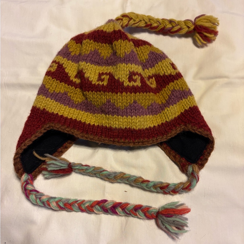 Colorful Knit Hat with Braided Tassels from Nepal